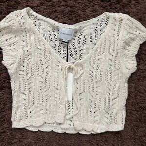 NWT Pink Rose Beige Crochet Short Sleeve Crop Cardigan Size Small NEW